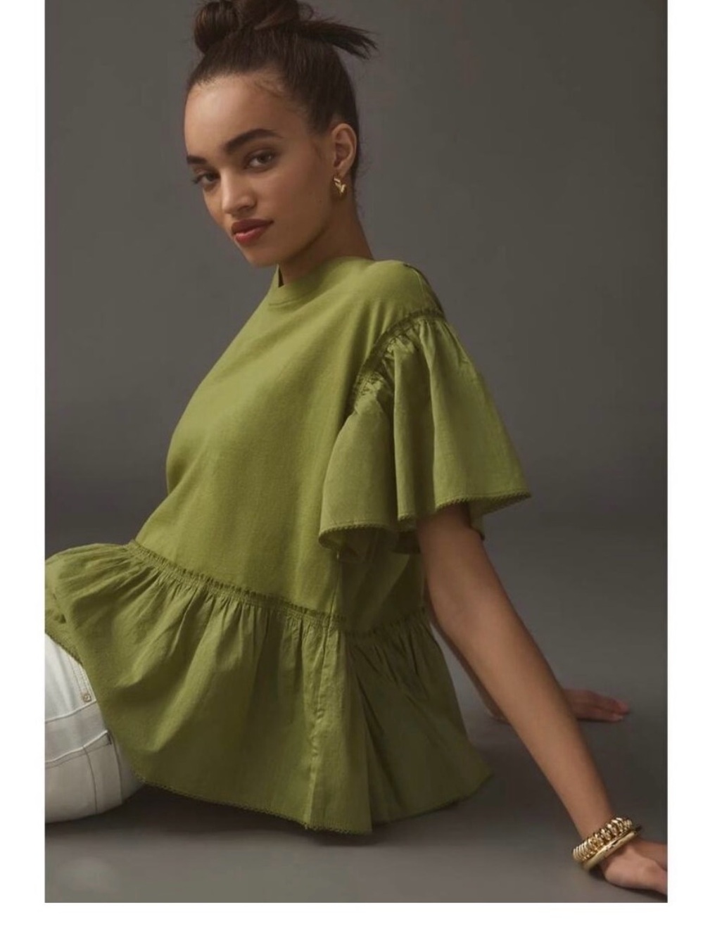 Anthropologie Olive Green Peplum Ruffle Sleeve Top